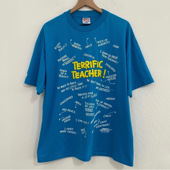 Hanes Heavyweight 50/50 Men’s XL Vintage 1991 Terrific Teacher Puff Print Shirt - Picture 1 of 5